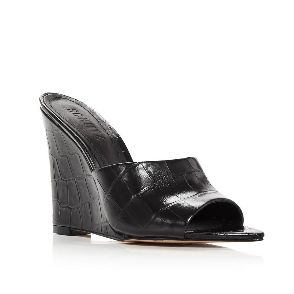 Schutz Black Croc-Embossed Leather Wedge Mule